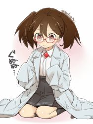 Rule 34 | 1girl, bespectacled, brown eyes, brown hair, coat, commentary request, glasses, kantai collection, long hair, magatama, oversized clothes, pleated skirt, primary stage, ryuujou (kancolle), simple background, sitting, skirt, sleeves past wrists, solo, twintails, twitter username, wavy mouth, white background