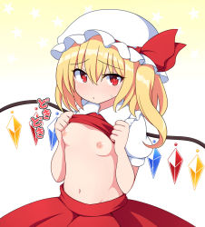 Rule 34 | 1girl, back bow, blonde hair, blush, bow, breasts, bright pupils, closed mouth, clothes lift, collared shirt, cowboy shot, crystal, flandre scarlet, frilled shirt collar, frills, frown, furrowed brow, hair between eyes, hat, hat ribbon, lifting own clothes, looking at viewer, medium hair, mob cap, navel, nipples, puffy short sleeves, puffy sleeves, red eyes, red ribbon, red skirt, red vest, ribbon, rizento, shirt, shirt lift, short sleeves, skirt, skirt set, small breasts, solo, star (symbol), stomach, sweatdrop, touhou, vest, white bow, white hat, white shirt, wings