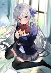 Rule 34 | 1girl, bed sheet, black thighhighs, blazer, blue bow, blue jacket, blush, bow, braid, character doll, closed mouth, commentary request, curtains, hugging doll, grey eyes, grey hair, grey skirt, hair between eyes, hair bow, highres, jacket, kanda done, long hair, long sleeves, looking at viewer, hugging object, original, pillow, plaid, plaid skirt, pleated skirt, school uniform, shirt, sitting, skirt, solo, thighhighs, transparent, very long hair, wariza, white shirt, window
