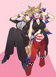 Rule 34 | ;d, animal ears, black footwear, black jacket, black pants, black ribbon, black shirt, blonde hair, blue eyes, blue hair, boots, breasts, commentary, full body, gradient hair, highres, horse ears, horse girl, horse tail, jacket, jewelry, large breasts, long hair, midriff, multicolored hair, navel, neck ribbon, necklace, obey your master (umamusume), one eye closed, open mouth, pants, red footwear, ribbon, shirt, sitting, sleeveless, smile, star-shaped pupils, star (symbol), symbol-shaped pupils, tail, thigh boots, tira (tira e), umamusume, umamusume: cinderella gray, v