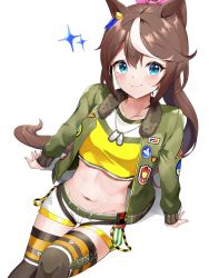 Rule 34 | 1girl, animal ears, arm support, belt, blue eyes, blush, bomber jacket, bow, breasts, brown hair, brown thighhighs, closed mouth, collarbone, commentary request, cosplay, crop top, dog tags, dusu (htkj), ear piercing, ear ribbon, foreshortening, green belt, green jacket, groin, hair between eyes, hair bow, hair flaps, high ponytail, highres, horse ears, horse girl, horse tail, jacket, long hair, long sleeves, looking at viewer, mayano top gun (umamusume), mayano top gun (umamusume) (cosplay), midriff, multicolored hair, navel, open clothes, open jacket, piercing, pink bow, shadow, shirt, short shorts, shorts, sidelocks, simple background, sitting, small breasts, smile, solo, sparkle, streaked hair, tail, thighhighs, tokai teio (umamusume), two-tone hair, umamusume, white background, white hair, white shorts, yellow shirt