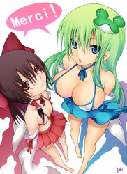 Rule 34 | 2girls, barefoot, bikini, bikini top only, black hair, blue eyes, breasts, daive, detached sleeves, female focus, flat chest, foreshortening, french text, frog, from above, green hair, hakurei reimu, highres, japanese clothes, kochiya sanae, large breasts, miko, multiple girls, red eyes, small breasts, swimsuit, touhou, translated