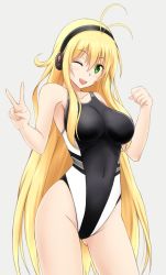 Rule 34 | 1girl, ;d, blonde hair, breasts, competition swimsuit, fuuma nagi, green eyes, headphones, large breasts, long hair, one-piece swimsuit, one eye closed, open mouth, smile, solo, standing, swimsuit, tsurumaki maki, v, very long hair, vocaloid, voiceroid