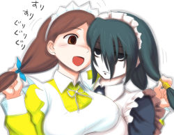 Rule 34 | 2girls, breasts, brown eyes, brown hair, empty eyes, futaba channel, green eyes, green hair, large breasts, maid, multiple girls, nijiura maids, shitai, simple background, try-san, white background