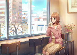 Rule 34 | 1girl, autumn leaves, blue sky, brown hair, brown skirt, building, cloud, coffee cup, collarbone, commentary request, cup, day, disposable cup, grey eyes, highres, holding, holding cup, indoors, jacket, long hair, long sleeves, looking away, looking to the side, on chair, open clothes, open jacket, original, parted lips, pink jacket, pleated skirt, puffy long sleeves, puffy sleeves, railing, shirt, shouhei, sitting, skirt, sky, sleeves past wrists, solo, tree, white shirt, window