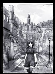 Rule 34 | 1girl, asymmetrical wings, bare arms, black border, border, bow, bowtie, breasts, building, city, clock, clock tower, commentary, dated, dress, greyscale, highres, houjuu nue, lamppost, looking at viewer, medium breasts, monochrome, mugo (mugokii), outdoors, polearm, road, scenery, short dress, short sleeves, sign, smile, snake, solo, standing, street, thighhighs, touhou, tower, trident, weapon, wings, zettai ryouiki