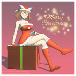 Rule 34 | box, breasts, christmas, christmas present, costume, creatures (company), crossed legs, game freak, gift, highres, large breasts, may (pokemon), merry christmas, nintendo, pokemon, pokemon rse, self-upload, sitting, solo, the tentacle professor