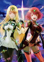 Rule 34 | 2girls, absurdres, black gloves, blonde hair, bob cut, breasts, chest jewel, dress, earrings, elbow gloves, eva02asuka0608, fingerless gloves, gloves, grin, highres, holding hands, jewelry, large breasts, long hair, looking at viewer, multiple girls, mythra (massive melee) (xenoblade), mythra (xenoblade), nintendo, pantyhose, pantyhose under shorts, pyra (xenoblade), red eyes, red hair, red legwear, red shorts, short dress, short hair, short shorts, shorts, smile, super smash bros., swept bangs, thighhighs, tiara, very long hair, white dress, white footwear, white gloves, xenoblade chronicles (series), xenoblade chronicles 2, yellow eyes