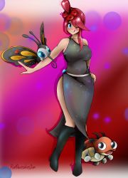 Rule 34 | beautifly, black dress, blue eyes, breasts, creatures (company), dress, flatpancakesjim, game freak, gen 2 pokemon, gen 3 pokemon, hand on own hip, highres, large breasts, ledyba, long dress, looking at viewer, nintendo, one eye closed, pokemon, pokemon bw, red hair, revealing clothes, self-upload, skyla (pokemon), thick thighs, thighs, tongue, tongue out, wink