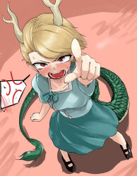 Rule 34 | 1girl, antlers, blonde hair, blue shirt, dragon girl, dragon horns, dragon tail, highres, horns, ise corridor, kicchou yachie, looking at viewer, open mouth, red eyes, shirt, short hair, square neckline, tail, touhou, yellow horns