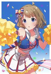 Rule 34 | 1girl, ahoge, armband, bare shoulders, blue background, blue eyes, blush, brown hair, cheerleader, collarbone, cropped hoodie, cropped shirt, dot nose, gradient background, hair ornament, hair ribbon, highres, holding, holding pom poms, hood, hoodie, idolmaster, idolmaster million live!, idolmaster million live! theater days, knokzm, looking at another, miniskirt, open mouth, pleated skirt, pom pom (cheerleading), pom poms, ribbon, short hair, simple background, skirt, solo, suou momoko, sweat