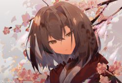 Rule 34 | 1girl, ahoge, braid, braided bangs, branch, brown eyes, brown hair, cherry blossoms, f15xallen, falling petals, half-closed eyes, hololive, hololive english, japanese clothes, kimono, looking at viewer, multicolored hair, nanashi mumei, nanashi mumei (new year), official alternate costume, parted lips, petals, red shawl, shawl, short hair, streaked hair, virtual youtuber, white kimono