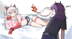 Rule 34 | 2girls, ahoge, arknights, arm tattoo, bandeau, bead bracelet, beads, black shirt, bracelet, braid, colored skin, demon horns, dragon girl, dragon horns, dragon tail, fang, fang out, flame-tipped tail, highres, horns, jewelry, lava (arknights), lava the purgatory (arknights), leg tattoo, long hair, looking at viewer, lying, mabing, medium hair, multicolored hair, multiple girls, navel, nian (arknights), official alternate costume, on side, ponytail, purple eyes, purple hair, red bandeau, red skin, shirt, shorts, skin fang, stomach, streaked hair, tail, tattoo, white hair, white shorts, yes, yes-no pillow