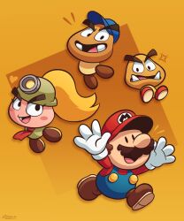 Rule 34 | 1girl, 2boys, :d, anger vein, arms up, baseball cap, blonde hair, blue headwear, blue overalls, blue pants, blush, blush stickers, brown background, brown footwear, brown hair, buttons, commentary, english commentary, facial hair, fang, full body, gloves, goomba, goombario, goombella, hat, headlight, heart, helmet, highres, long hair, long sleeves, looking at viewer, mario, mario (series), multicolored background, multiple boys, mustache, necktie, nintendo, notice lines, open mouth, orange background, overalls, pants, paper mario, paper mario: the thousand year door, paper mario 64, ponytail, red headwear, red necktie, red shirt, sharp teeth, shirt, shoes, short hair, smile, solid oval eyes, teeth, tusks, v-shaped eyebrows, vinny (dingitydingus), white gloves