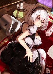 Rule 34 | 1girl, apron, ass, azur lane, blush, breasts, bucket, choker, embarrassed, hair between eyes, hairband, highres, indoors, large breasts, looking at viewer, narushima kanna, on floor, puffy sleeves, red eyes, short hair, sidelocks, sirius (azur lane), solo, spill, sponge, thighhighs, top-down bottom-up, wet, white hair, white thighhighs