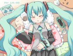 Rule 34 | 1girl, aqua hair, blush, clock, clockshow, detached sleeves, closed eyes, frilled pillow, frills, from above, handheld game console, hatsune miku, long hair, magazine (object), masuneko, necktie, pillow, playstation portable, skirt, sleeping, solo, twintails, very long hair, vocaloid