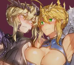 Rule 34 | 2girls, armpits, artoria pendragon (fate), artoria pendragon (lancer) (fate), artoria pendragon (lancer alter) (fate), bare shoulders, black dress, blonde hair, blue dress, blush, braid, breasts, circlet, cleavage, cleavage cutout, closed mouth, clothing cutout, commentary request, dress, dual persona, covered erect nipples, eye contact, fate/grand order, fate (series), green eyes, hair between eyes, horns, huge breasts, looking at another, melon22, multiple girls, no nose, nose blush, open mouth, red background, ribbed dress, short hair, simple background, sweatdrop, underboob, yellow eyes