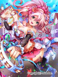 Rule 34 | 1girl, boots, breasts, cleavage, clip studio paint (medium), dancer, day, dragon tactics, earrings, flower, hair flower, hair ornament, high heel boots, high heels, house, instrument, jewelry, large breasts, long hair, looking at viewer, official art, pink hair, ponytail, smile, solo, tambourine, teltelhousi, thighhighs, yellow eyes