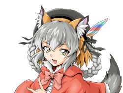 1girl animal_ear_fluff animal_ears cape flerov fox_ears fox_girl fox_tail grey_hair hat hat_feather island_fox_(kemono_friends) kemono_friends kemono_friends_v_project long_hair looking_at_viewer multicolored_hair open_mouth orange_hair ribbon simple_background solo tail virtual_youtuber yellow_eyes