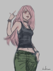Rule 34 | 1girl, \m/, arm at side, arm up, black shirt, black tank top, breasts, gohpot, green pants, green shorts, grey background, hair over one eye, little witch academia, looking at viewer, medium breasts, midriff, navel, pants, pink eyes, pink hair, sharp teeth, shirt, shorts, signature, simple background, sketch, solo, sucy manbavaran, swept bangs, tank top, teeth