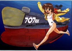 Rule 34 | 1girl, armpits, arms up, brown eyes, brown hair, casual one-piece swimsuit, female focus, full body, hayami ayumi, highres, jacket, legs, long hair, looking at viewer, low twintails, oka shouhei, one-piece swimsuit, open mouth, outstretched arms, ribbon, runing, sandals, sleeves past wrists, smile, solo, submarine, submarine 707r, swimsuit, toes, twintails, underwater, watercraft, white one-piece swimsuit, yellow jacket