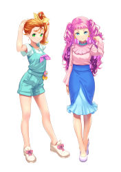 Rule 34 | 2girls, absurdres, arms up, bare legs, blue eyes, blue shorts, blue skirt, bow, brown hair, closed mouth, earrings, full body, green eyes, hair bow, hand in own hair, high-waist shorts, high ponytail, highres, jewelry, laura la mer, long hair, long sleeves, looking at viewer, medium skirt, multiple girls, natsuumi manatsu, necklace, overalls, pink hair, pink shirt, precure, shell, shell earrings, shell necklace, shirt, short shorts, short sleeves, shorts, side ponytail, simple background, skirt, smile, standing, tropical-rouge! precure, twintails, very long hair, white background, white footwear, yellow bow, yoko-ya manjirou