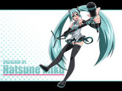 Rule 34 | 1girl, aqua eyes, aqua hair, detached sleeves, hatsune miku, headset, highres, legs, long hair, microphone, microphone stand, open mouth, pointing, satsuki imonet, skirt, solo, thighhighs, twintails, very long hair, vocaloid, wallpaper