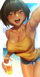 Rule 34 | 1girl, armpits, azzylit, beach, black hair, blush, breasts, collarbone, covered erect nipples, cup, dark-skinned female, dark skin, drink, drinking glass, glint, highres, holding, holding cup, hot, leaning forward, looking at viewer, medium breasts, ocean, open mouth, original, outstretched arm, rakuga kiya, short hair, short shorts, shorts, sky, smile, summer, sweat, tan, tank top, thighs, yellow eyes, yellow tank top