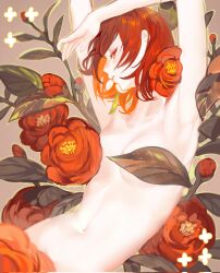 Rule 34 | 1girl, armpits, arms up, breasts, censored, commentary, completely nude, earrings, flower, flower censor, hanny (uirusu chan), highres, hina tachibana (hanny), jewelry, looking at viewer, navel, novelty censor, nude, original, petite, red eyes, red flower, red hair, short hair, small breasts, solo, symbol-only commentary, tassel, tassel earrings, underboob