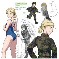 Rule 34 | 1girl, absurdres, ass, black skirt, blonde hair, blue one-piece swimsuit, brown gloves, camouflage, camouflage jacket, camouflage pants, finland, finnish army, gloves, green eyes, green jacket, green pants, highres, jacket, looking at viewer, looking back, military uniform, multiple views, one-piece swimsuit, original, ostwindprojekt, pants, partially colored, rk62, shirt, skirt, smile, solo, swimsuit, uniform, white shirt
