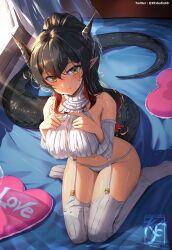 Rule 34 | 1girl, absurdres, artist logo, black hair, black nails, blush, breasts, closed mouth, collarbone, curtains, heart, heart-shaped pillow, highres, horns, knightfang, large breasts, long hair, meme attire, multicolored hair, navel, on bed, original, panties, pillow, pointy ears, ponytail, red hair, ribbed sweater, ribbed thighhighs, sitting, solo, streaked hair, suspenders, sweater, tail, thighhighs, turtleneck, turtleneck sweater, twitter username, underwear, virgin destroyer sweater, wariza, white panties, white sweater, white thighhighs, window, yellow eyes