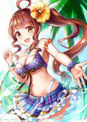 Rule 34 | 1girl, :d, ahoge, bare shoulders, bracelet, breasts, brown eyes, brown hair, diantha (granblue fantasy), flower, granblue fantasy, hair flower, hair ornament, jewelry, long hair, looking at viewer, medium breasts, navel, open mouth, outstretched arm, ponytail, sakura ani, scrunchie, skirt, smile, solo, water, wrist scrunchie