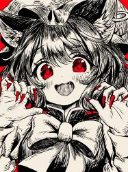 Rule 34 | 1girl, :d, animal ears, blush, bow, bowtie, cat ears, cat girl, chen, commentary, earrings, fang, fingernails, hat, highres, jewelry, long sleeves, mob cap, nail polish, one-hour drawing challenge, open mouth, paw pose, red background, red eyes, red nails, sharp fingernails, shirt, short hair, single earring, smile, solo, touhou, upper body, waramori fuzuka, wavy mouth