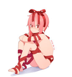 Rule 34 | 1girl, barefoot, blush, closed mouth, dated, doremi (doremi4704), elbows on knees, embarrassed, hair ribbon, looking at viewer, naked ribbon, original, pink hair, red eyes, red ribbon, ribbon, short hair, simple background, sitting, solo, white background