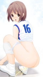 Rule 34 | 1girl, ass, bandaged leg, bandages, bench, blush, brown eyes, brown hair, cloud, dedenden (pixiv30568724), from behind, highres, looking at viewer, looking back, open mouth, panties, panty pull, pee, peeing, puddle, shirt, shoes, short hair, sky, socks, sportswear, squatting, tank top, underwear, white footwear, white panties, white shirt, white socks