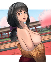 Rule 34 | alternate breast size, artist name, black hair, breasts, brown eyes, cherry blossoms, erodrunky, from side, hair ribbon, hakama, hakama skirt, highres, japanese clothes, large breasts, letterboxed, long hair, long sleeves, looking at viewer, low ponytail, nipples, off shoulder, open mouth, ribbon, sidelocks, skirt, teeth, topless, umenokouji aoi, upper body, virtua fighter, wide sleeves