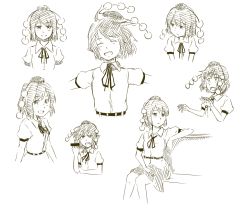 Rule 34 | 1girl, blush, censored, character sheet, closed eyes, expressions, hat, kawashina (momen silicon), looking at viewer, middle finger, monochrome, open mouth, outstretched arms, pointy ears, shameimaru aya, short hair, simple background, sitting, smile, solo, tokin hat, touhou, upper body, white background