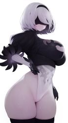 Rule 34 | 1girl, 2b (nier:automata), absurdres, adjusting clothes, adjusting leotard, black thighhighs, breasts, covered navel, curvy, eyepatch, gloves, hairband, highleg, highleg leotard, highres, large breasts, leotard, nier:automata, nier (series), puffy sleeves, rabbit (wlsdnjs950), shiny skin, short hair, simple background, skindentation, solo, sweat, thick thighs, thighhighs, thighs, thong leotard, white background, white hair, white leotard, wide hips