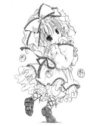 Rule 34 | 00s, 1girl, bow, eating, full body, greyscale, hinaichigo, looking at viewer, looking back, monochrome, rozen maiden, shoes, solo, watari masahito, white background