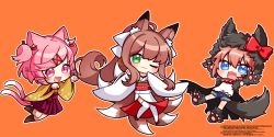 Rule 34 | 3girls, :3, :d, ;3, animal ears, animal hands, blue eyes, bow, brown hair, cat ears, cat tail, chibi, collar, commentary request, dated, doki doki literature club, fang, fangs, fox ears, fox tail, gloves, green eyes, hair between eyes, hair bow, hair ribbon, highres, japanese clothes, kemonomimi mode, kimono, kitsune, kyuubi, long hair, looking at viewer, monika (doki doki literature club), multiple girls, multiple tails, nan (gokurou), natsuki (doki doki literature club), obi, one eye closed, open mouth, orange background, outline, paw gloves, paw pose, pink eyes, pink hair, ponytail, red bow, red ribbon, ribbon, sash, sayori (doki doki literature club), short hair, simple background, smile, spiked collar, spikes, swept bangs, tail, two side up, two tails, watermark, whiskers, white outline, wide sleeves, wolf ears, wolf tail