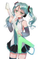 Rule 34 | 10s, 1girl, alternate hairstyle, aqua hair, aqua necktie, bang dream!, black skirt, blouse, blush, collared shirt, cosplay, cowboy shot, detached sleeves, electric guitar, embarrassed, green eyes, grey shirt, guitar, hair between eyes, hair ornament, hatsune miku, hatsune miku (cosplay), headphones, highres, hikawa sayo, holding, holding instrument, instrument, long hair, long sleeves, looking at viewer, miniskirt, naitou kirara, necktie, pleated skirt, see-through, see-through sleeves, shirt, sidelocks, simple background, skirt, solo, spring onion, standing, strap, twintails, vocaloid, white background