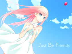 Rule 34 | 1girl, balloon, blue eyes, cloud, day, dress, female focus, highres, just be friends (vocaloid), long hair, megurine luka, outdoors, paper airplane, pink hair, shiro mayu, sky, solo, strapless, strapless dress, tears, vocaloid, white dress