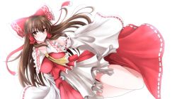 Rule 34 | 1girl, ascot, breasts, brown hair, closed mouth, detached sleeves, full body, g (genesis1556), hair tubes, hakurei reimu, highres, large breasts, long hair, looking at viewer, nontraditional miko, red shirt, red skirt, ribbon-trimmed sleeves, ribbon trim, shirt, simple background, skirt, solo, thighs, touhou, white background, wide sleeves, yellow ascot