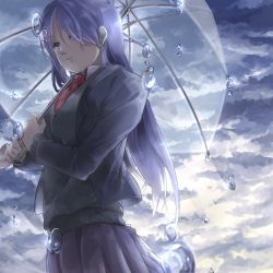 Rule 34 | 1girl, aoi shouko, bad id, bad pixiv id, blazer, breasts, closed mouth, cloud, cloudy sky, collared shirt, cowboy shot, eyes visible through hair, from below, from side, grey sweater, hair between eyes, hair over one eye, holding, holding umbrella, jacket, long hair, long sleeves, medium breasts, necktie, pleated skirt, po (poppa-pict), pop&#039;n music, purple hair, purple skirt, red necktie, shirt, skirt, sky, solo, sweater, transparent, transparent umbrella, umbrella, water drop, white shirt