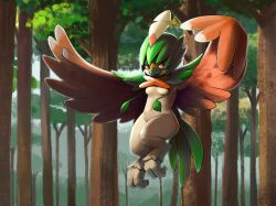 Rule 34 | 1girl, ajin (ajinhdremix), animal feet, arms up, artist name, beak, bird girl, bird tail, body fur, breasts, brown fur, brown wings, claws, closed mouth, creatures (company), dated, day, decidueye, feathered wings, feet, female focus, forest, furry, furry female, game freak, gen 7 pokemon, green fur, half-closed eyes, highres, legs, looking at viewer, multicolored fur, nature, navel, nintendo, no nipples, outdoors, pokemon, pokemon (creature), red eyes, signature, small breasts, solo, spread wings, stomach, tail, thighs, tree, white fur, wings