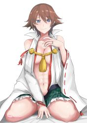 Rule 34 | 1girl, abs, absurdres, artist name, blue eyes, blue nails, blush, breasts, brown hair, cleavage, collarbone, earrings, frilled skirt, frills, hair between eyes, hiei (kancolle), highres, jewelry, kantai collection, ken (shutenndouji1), light smile, medium breasts, nail polish, navel, nontraditional miko, plaid, plaid skirt, ribbon-trimmed sleeves, ribbon trim, ring, shiny skin, short hair, sitting, skirt, solo, thighs, wariza, wedding band, white background, wide sleeves