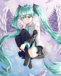 Rule 34 | 1girl, aqua eyes, aqua hair, aqua necktie, ass, black footwear, black skirt, black sleeves, blue background, boots, collared shirt, commentary, detached sleeves, ekina (1217), eyelashes, feathered wings, feathers, floating, full body, gradient background, hair between eyes, hair ornament, hatsune miku, highres, hugging own legs, lens flare, long hair, looking at viewer, necktie, pleated skirt, purple background, shadow, shiny skin, shirt, sidelocks, skirt, sleeveless, sleeveless shirt, solo, thigh boots, thighhighs, twintails, very long hair, vocaloid, white shirt, wings