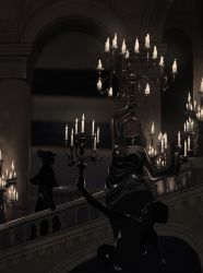 Rule 34 | 1other, absurdres, arch, bloodborne, cagefreepotato, candelabra, candlestand, capelet, coat, dark, from side, full body, handrail, hat, highres, hunter (bloodborne), long coat, looking away, scenery, silhouette, solo, stairs, statue, tricorne, twitter username, vambraces, wide shot