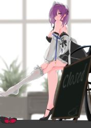 Rule 34 | azur lane, black dress, black footwear, blurry, blurry background, blush, breasts, commentary request, dress, dressing, hair over one eye, high heels, highres, large breasts, looking at viewer, maid, maid headdress, official alternate costume, p.i.t.d, penelope (azur lane), penelope (salty maid) (azur lane), purple eyes, purple hair, shoes, short dress, short hair, single thighhigh, sitting, solo, thighhighs, unworn shoe, unworn shoes