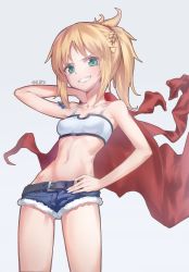 Rule 34 | 1girl, absurdres, bandeau, bare shoulders, belt, blonde hair, blush, braid, collarbone, cowboy shot, denim, denim shorts, fate/grand order, fate (series), french braid, green eyes, hand on own hip, highres, ildy, jacket, looking at viewer, mordred (fate), mordred (fate) (all), mordred (fate/apocrypha), mordred (memories at trifas) (fate), mordred (swimsuit rider) (fate), navel, parted lips, short hair, short ponytail, short shorts, shorts, smile, solo, standing, stomach, teeth, thighs, twitter username, unworn jacket